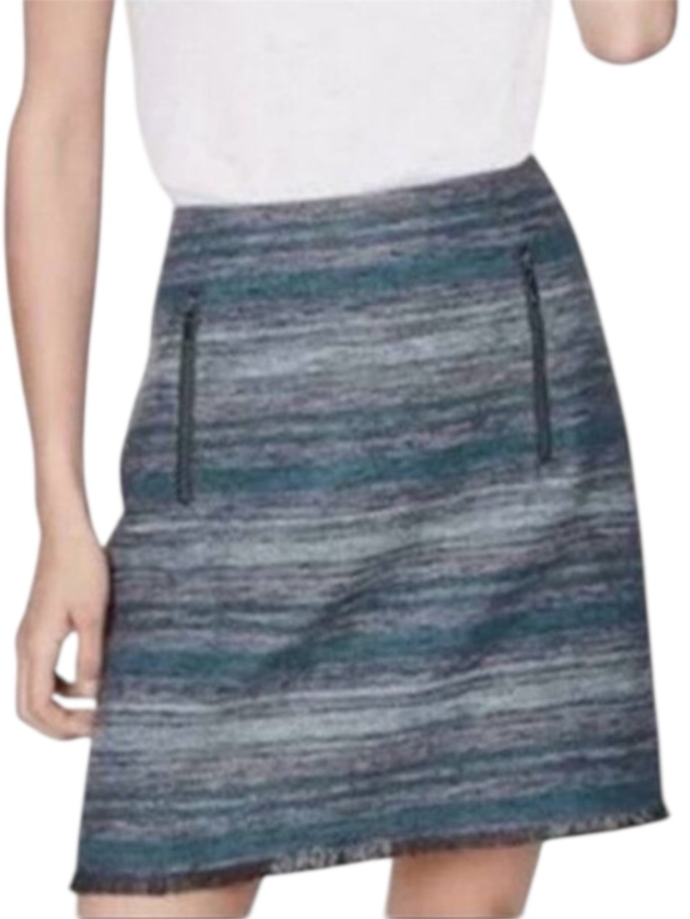LOFT Skirt Women 12 Blue Tweed Fringe Hem Zip Pocket Lined Mini A Line